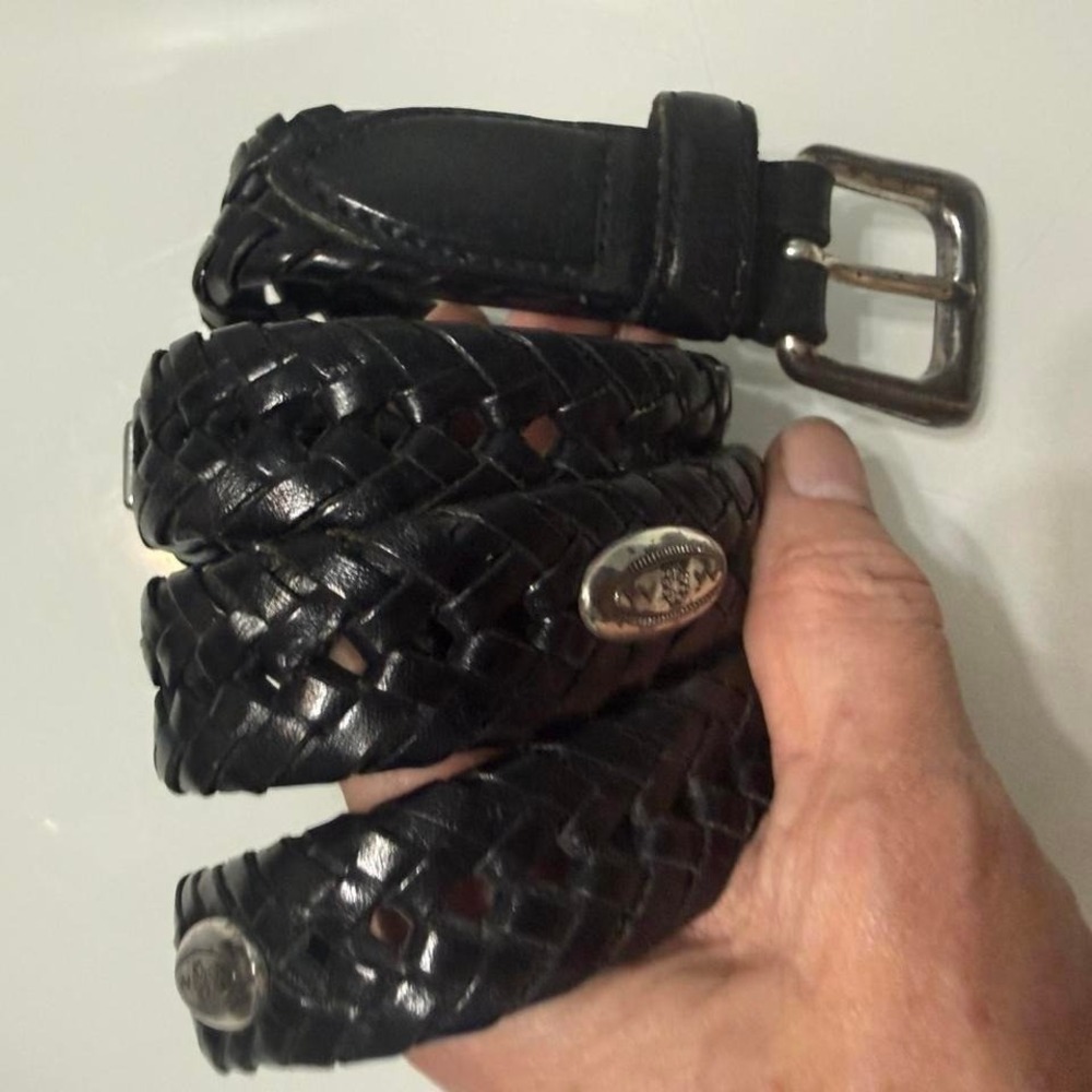 Vintage Fossil Black leather braided belt with silver buckle 32-36" waist